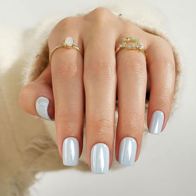 SHANGMENG Chrome Press on Nails Square - Soft Gel Blue Press on Nails Short for Women Gift, Glossy & Natural Stick on Nails with Glue in 16 Sizes - 32 Reusable Fake Nails, Aurora Light Blue