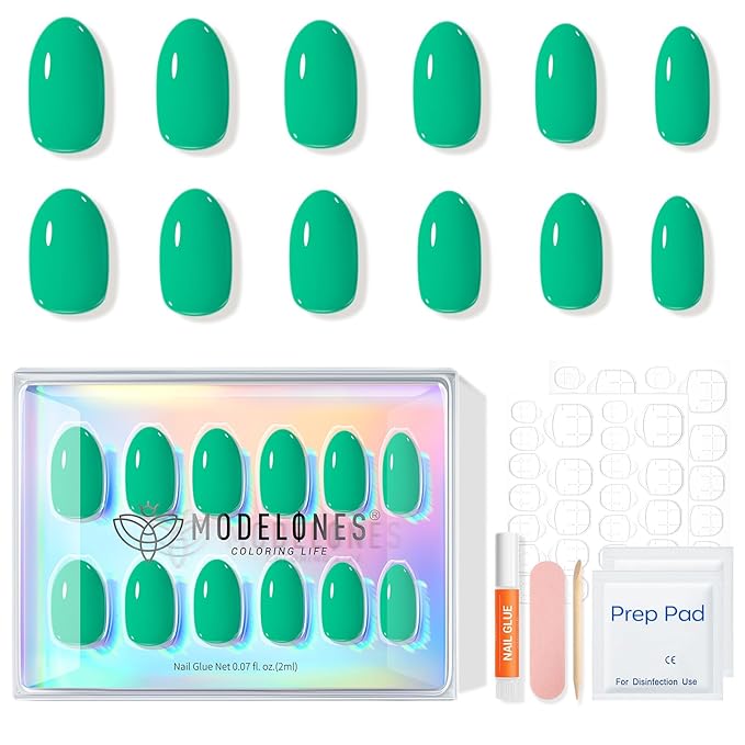 modelones Bright Green Short Press on Nails, Oval Fake Nails Kit Press Ons with Nail Glue, Adhesive Tabs, Nail File, Prep Pad, Manicure Stick, 32Pcs 16 Sizes
