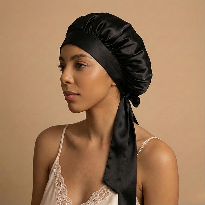 100% Mulberry Silk Hair Sleep Bonnet - Reversible Sleep Bonnet for Women, Wide Band Adjustable Tie, Night Cap for Curly Hair