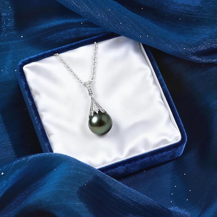 Genuine Tahitian Black Pearl Necklace for Women, 9-13mm AAAA Seawater Pearl - Sterling Silver Moissanite Pendant, Wedding Anniversary, Birthday, Christmas Gift for Wife, Mom, Girlfriend, Fine Jewelry