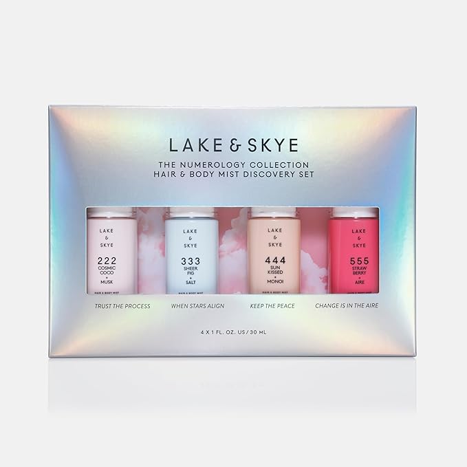 Lake & Skye Limited Edition Hair & Body Mist Discovery Set, 4 x 1 OZ, 222 Cosmic Coco + Musk, 333 Sheer Fig + Salt, 444 Sunkissed + Monoi, 555 Strawberry + Aire, Vegan, Paraben-Free