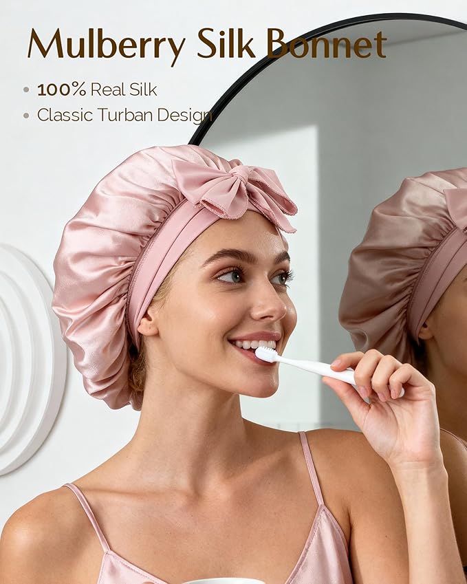 YANIBEST 22 Momme 100% Mulberry Silk Bonnet for Sleeping Women Double Layer Sleep Bonnet with Tie Band, Sleep Cap