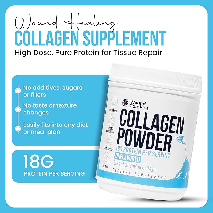 Wound Care Plus Collagen Peptides Powder Unflavored - Grass-Fed Hydrolyzed Collagen with 18g Protein - Supports Skin, Hair & Joint Health - Non-GMO, Keto Friendly