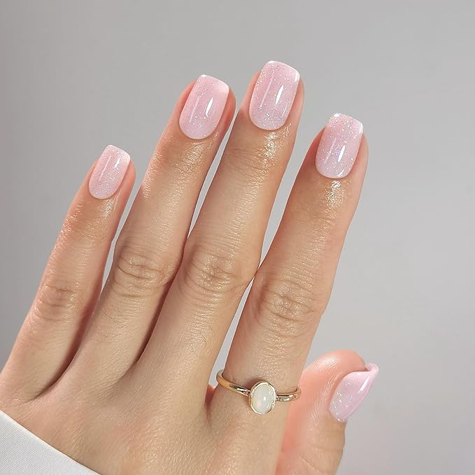 SHANGMENG Pink Press on Nails Square - Soft Gel Valentines Press on Nails Short for Women Gift, Fit Perfectly & Natural Stick on Nails with Glue in 16 Sizes - 32 Reusable Fake Nails, Shimmering Pink