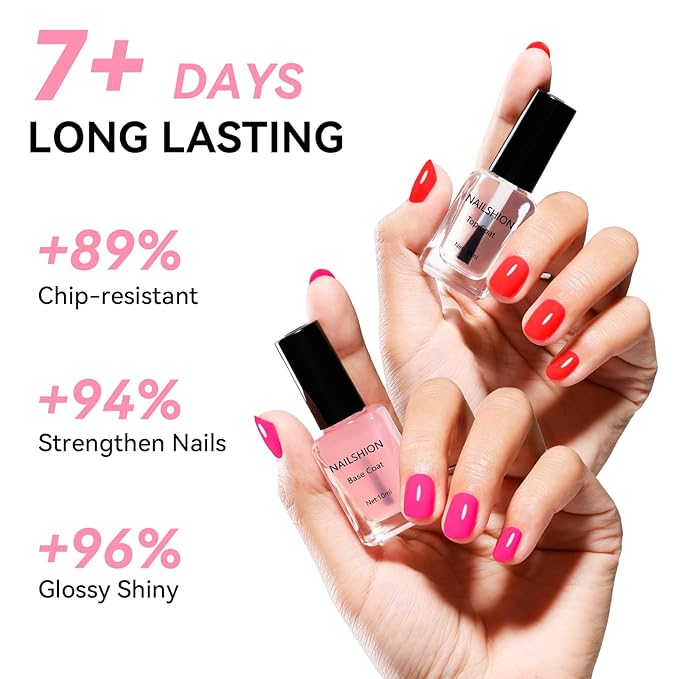 Nailshion Clear Top Coat and Sheer Pink Base Coat Ridge Filler Strengthening Anti Chip Nail Polish, Non Gel, Rich in Castor Oil, Salon Quality, High Glossy Quick Dry Home DIY Nail Art Gift Set