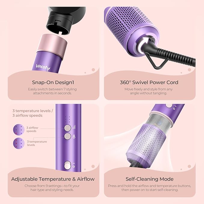 Vincofy 7-in-1 Hair Dryer Brush and 1500W Hair Styler Set – Fast Drying, Curling, Straightening & Volumizing – Hot Air Styling Tool with No Heat Damage – for All Hair Types – Purple