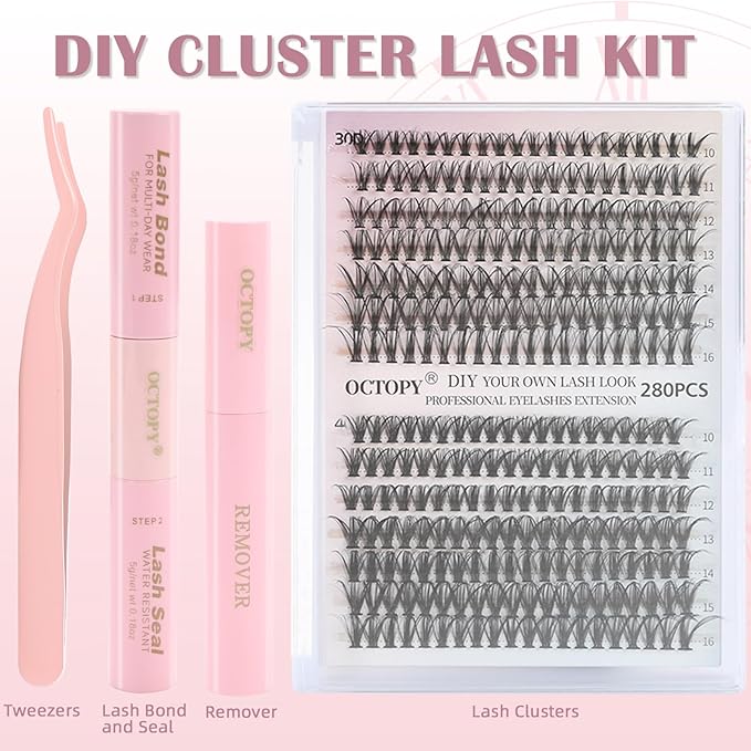 OCTOPY Wispy Lash Clusters Kit - DIY Extension Kit 240 PCS, 30D 40D Fluffy Cluster Eyelash Extensions 10-16mm, D Curl With Tweezers, Bond and Seal Waterproof