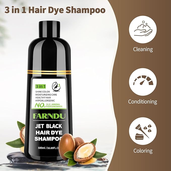 Farndu Jet Black Hair Dye Shampoo Ammonia-free & PPD-free, Gray Hair Coverage Natural Herbal 3 in 1 Hair Color Shampoo for Women Men