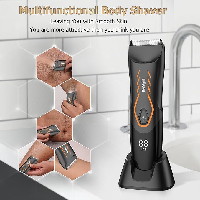 ENSSU Manscape Body Hair Trimmer for Men, Pubic Groin Hair Trimmer for Men with Safe Blade,Cordless Ball Shaver w/Light, Charging Dock,Waterproof Body Groomer Man,LED Display,1H Charge,Orange