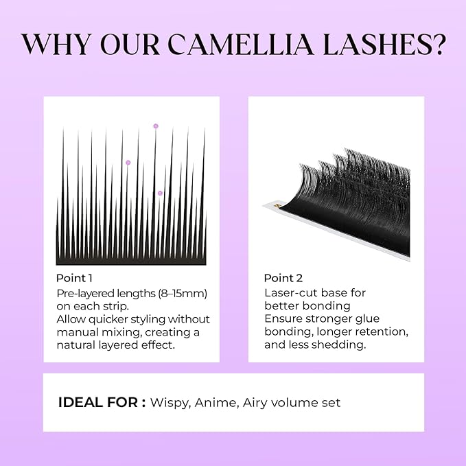 SAIGON LASH Camellia Eyelash Extensions, Layered Volume Lashes for Professionals, B/C/CC/D/DD Curl, 8-15mm Mixed Length, 0.07 Thickness, Soft Korean PBT Fiber, 16 Rows Tray (C-0.07)
