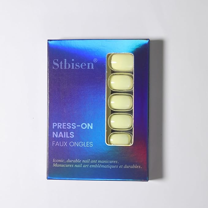evpct Pale Yellow Glossy Press on Nails Short Square, Glossy Yellow Fake Nails Summer Reusable, Acrylic False Nail Stick on Press ons for Women Gifts, Perfectly Fit False Nail Kit with Kits 30Pcs