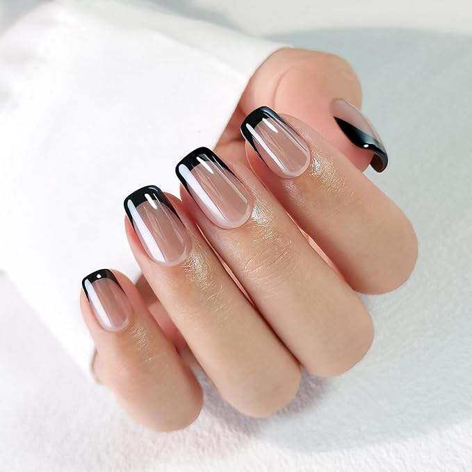 RPNZL Press On Nails - Midnight | Chrome Black French Tip, UV Finish Short Squoval Nails, Reusable, Salon Quality | 32 Nails, 16 Sizes Kit with Glue and Adhesive Tabs