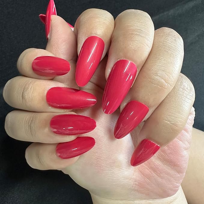 JONKASIPA Medium Press On Nail Chips - Red Almond Shape Press On Nail Chips, Fashionable French False Nails Designed for Women, Available in 12 Sizes, Includes 24 Pcs Nail Chips Set