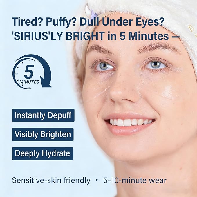 SIRIUSLY BRIGHT Under Eye Patches 28 Pairs, 5-Min Revitalizing Eye Masks with Caffeine Hyaluronic Acid Iris Moss to Reduce Dark Circles and Puffiness, Brightening & Depuffing Gifts for Women