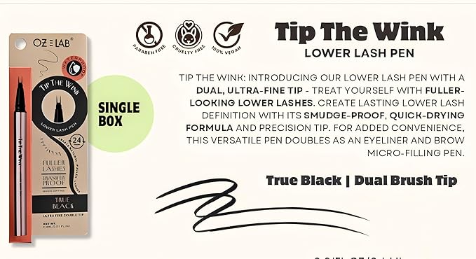 Oz Lab Beauty Tip The Wink Lower Lash Pen – Dual Ultra-Fine Tips, Waterproof Liquid Eyeliner and Brow Filler, Smudge-Proof, Quick-Drying, Black, 0.01 fl oz/0.4 ML