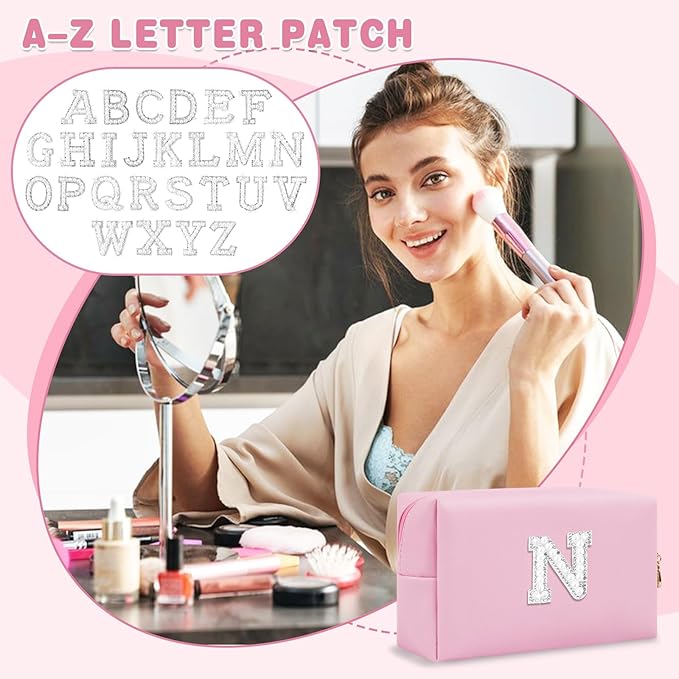 ChaoGreat Bride Gifts – Personalized Initial Makeup Bag with Pearl Rhinestone Patch, Preppy Pink Monogram Cosmetic/Toiletry Pouch, bridesmaid Gifts, Bridal Shower Gifts, Wedding Gifts, Bridal Gifts,N