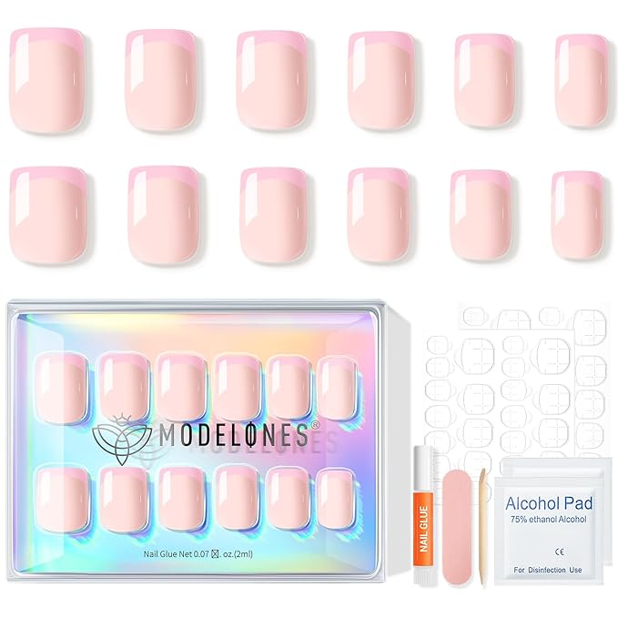 Modelones French Tip Press on Nails Short, Square Valentines Fake Nails, Reusable Nail Kit with Nail Glue Adhesive Tabs Mini Nail File, Nails Press Ons 32Pcs 16Sizes, Women Girl Gift, Pink