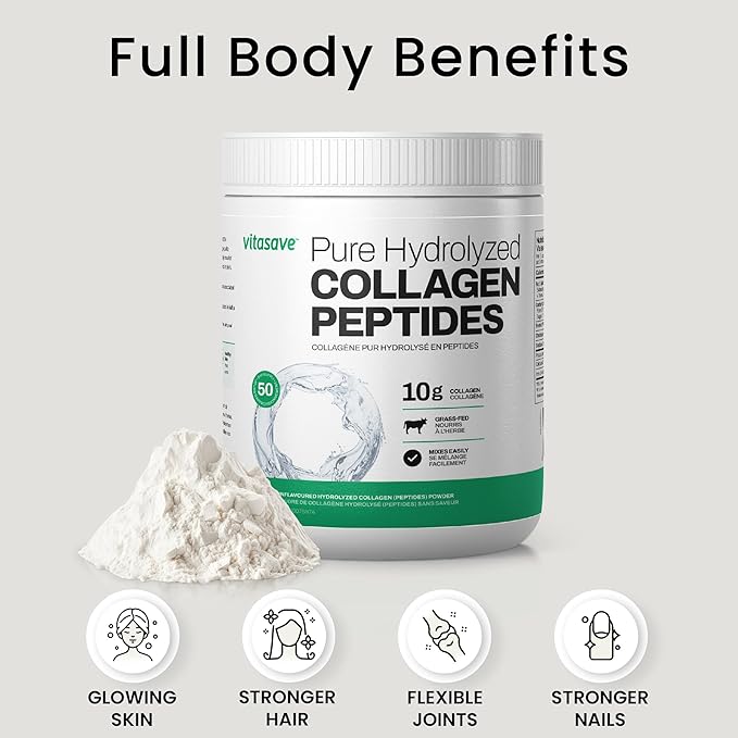 Vitasave Collagen Peptides Powder – 10g Hydrolyzed Collagen per Serving – Unflavored, Grass-Fed, Keto Friendly – Skin, Hair, Nails & Joint Support – 500g