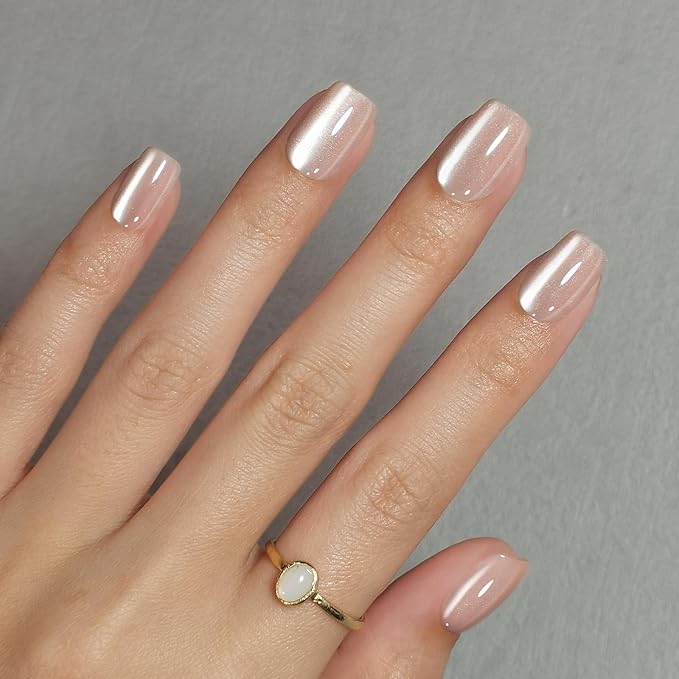 SHANGMENG Cat Eye Nude Press on Nails Square - Soft Gel Press on Nails Short for Women Gift, Fit Perfectly & Natural Stick on Nails with Glue in 16 Sizes - 32 Reusable Fake Nails, Light Nude