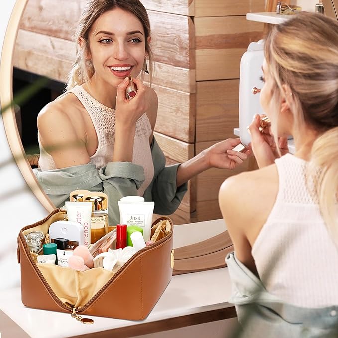 Valentine's Day Gifts for Women Teen Girl, Personalized Initial Makeup Organizer Bag Set, Open Flat Travel Cosmetic Bag With Clear Divider and Handle(Brown,H)