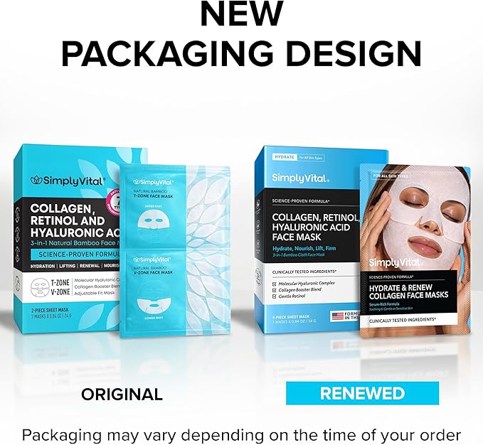 SimplyVital Collagen Facial Mask with Retinol & Hyaluronic Acid - Hydrating Face Masks Skincare - T Line & V Line Sheet Mask for Women Skin Care - Mascarillas Para la Cara - Cloth Face Masks - 7 Pack