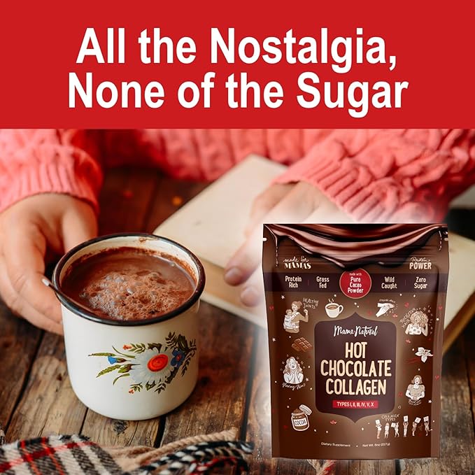 Mama Natural Hot Chocolate Multi Collagen Protein Powder, Made with Organic Cacao, Types 1, 2, 3, 4, 5, 10 Collagen Peptides Powder - Grass Fed Beef, Wild Fish Marine & USA Eggshell - 20 Servings
