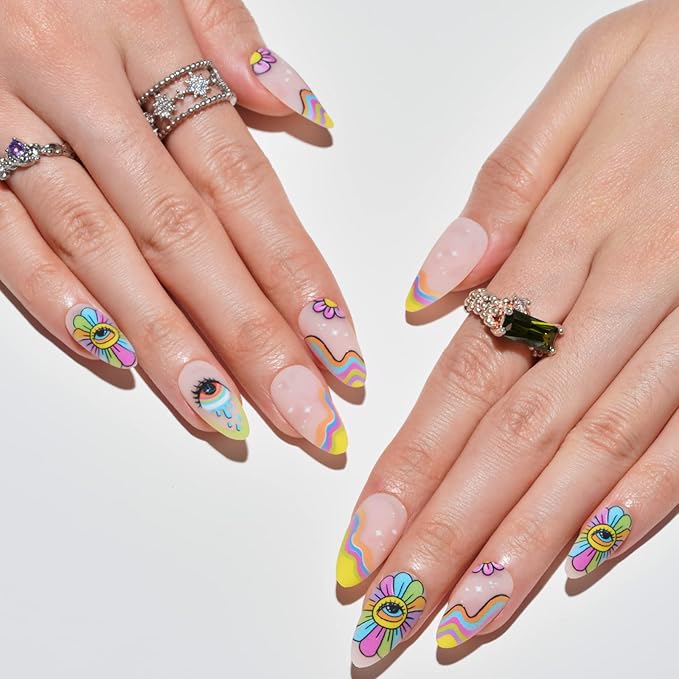 GLAMERMAID Press on Nails Medium Almond, Gothic Rainbow Flower Gel Glue on Nail, Matte Short Stiletto Reusable UV Finish Fake Nails Acrylic False Nails Manicure Kits for Women
