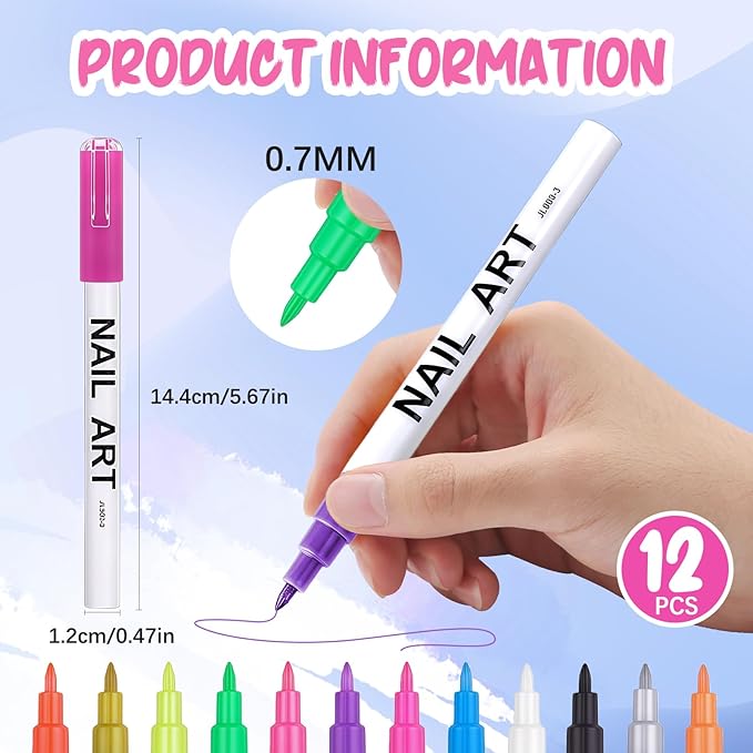 MKNZOME 12 Color Nail Art Pens for Painting Nails, 0.7 MM 2026 Fluorescent Nail Polish Pens Drawing Point Liner Acrylic Painted Pen Kit, DIY Design Manicure Tools Christmas Gifts
