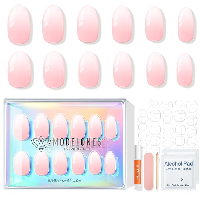 Modelones Press on Nails Short, Oval Valentines Fake Nails, Reusable Nail Kit with Nail Glue Adhesive Tabs Mini Nail File, Nails Press Ons 32Pcs 16Sizes, Women Girl Gift, Pink Ombre