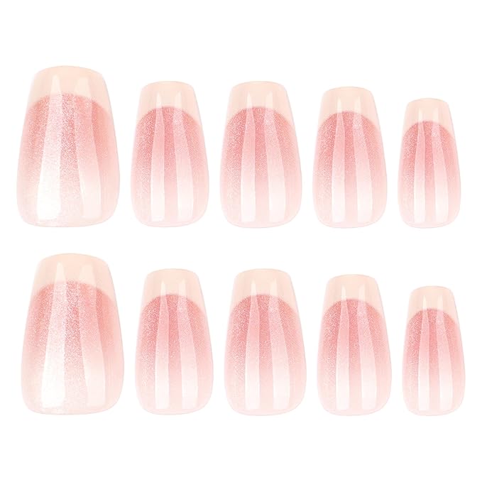 XZMeiLun Press On Nails Short Square, French Tip Chrome Acrylic Press On Nails Short Coffin, Designer Reusable Glazed Fake Nails, Glossy Soft Gel Nails Wedding, Stick Glue On Nail Press Ons for Women