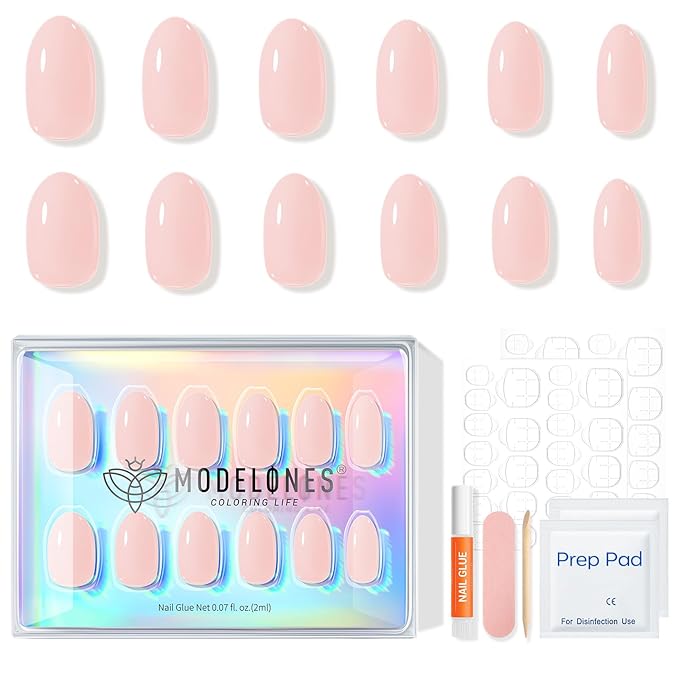 modelones Nude Pink Short Press on Nails, Semi-Transparent Oval Fake Nails Kit Press Ons with Nail Glue, Adhesive Tabs, Nail File, Prep Pad, Manicure Stick, 32Pcs 16 Sizes, Valentines