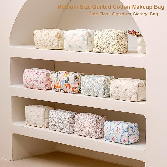 Gleyemor Small Quilted Makeup Bag for Women, Cute Floral Bow Cosmetic Bag, Emergency Bag Travel Toiletry Cotton Pouch Gifts for Girls Her Mom Friend Sister Bridesmaid (Small Blue Bowknot)