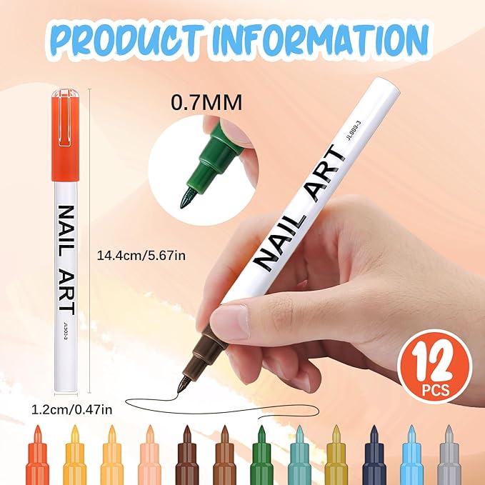 MKNZOME 12 Color Nail Art Pens for Painting Nails, 0.7 MM Nail Polish Pens Drawing Point Liner Acrylic Painted Pen Kit, Waterproof Quick-drying for DIY Design Manicure Tools Christmas Gifts