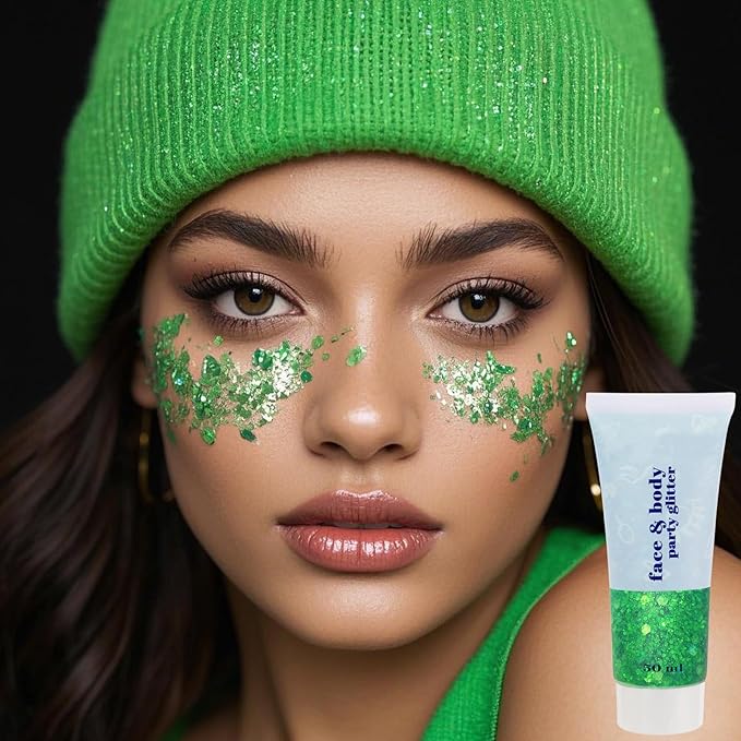 Green Body Glitter Gel,Festival Rave St Patricks Day Accessories Face Glitter for Face Body Hair,Alien Paint for Women Chunky Glitter Gel,Holographic Sequins for Carnival
