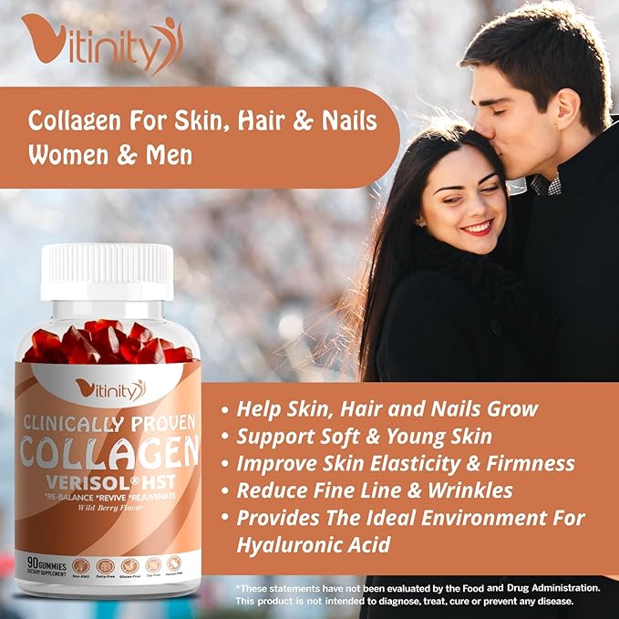VITINITY VERISOL® HST+HA+VIT C Collagen Hard Chewy Gummies Clinically Proven Beauty.Firmer,Smoother Skin,Fewer Wrinkles,Reduced Cellulite.True Beauty from Within.The Look-Good Feel-Good -30 Day Supply