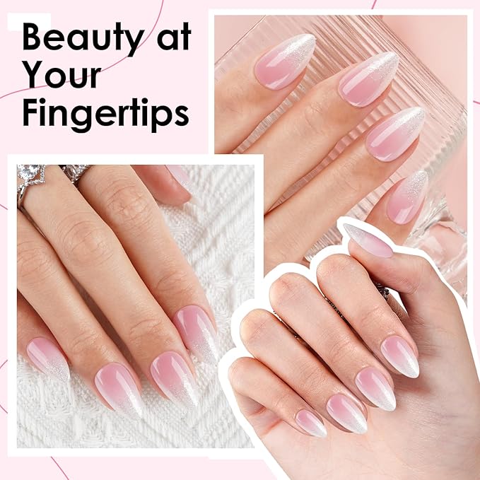 Canvalite Short Press On Nails, Almond Press on Nails Short Pink White Ombre Glossy Reusable Acrylic Fake Nails with Glue & Glue Remover Easy to Use 30Pcs Manicure Kit for Women