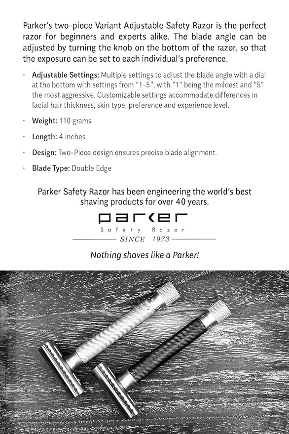 Parker THE VARIANT CLOSED COMB - ADJUSTABLE Double Edge Safety Razor, Customize your Shave with a Turn of the Dial from Mild to Aggressive - 5 Blades Included (ROSE GOLD)