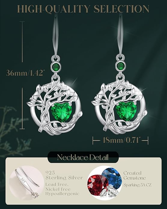 FANCIME Tree of Life Dangle Drop Earrings 925 Sterling Silver Dainty Round Gemstone Birthstone Earring Fine Jewelry Birthday Christmas Gifts for Her Women