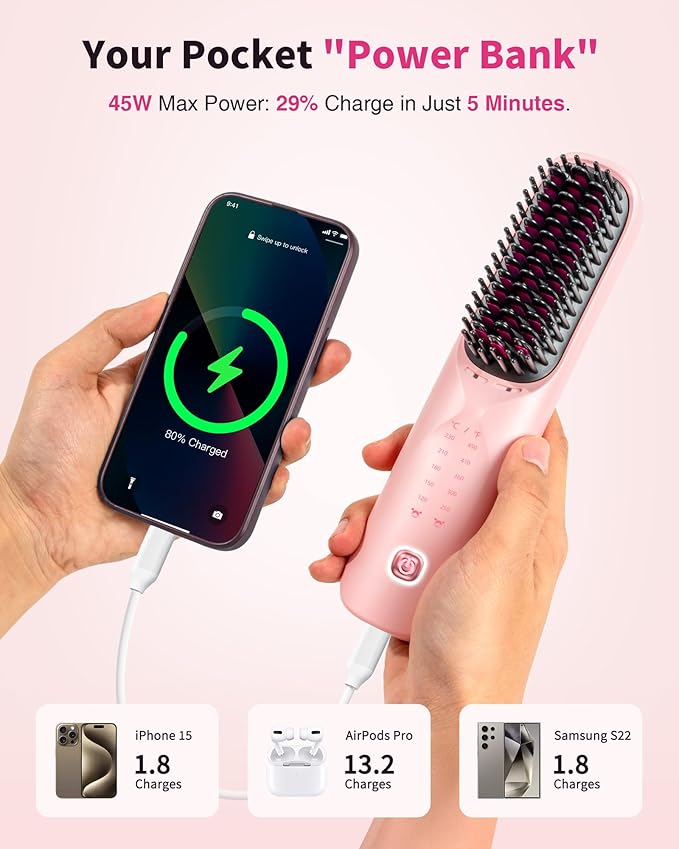 Cordless Hair Straightener Brush - Portable Hair Straightening Brush for Travel - 300M Negative Ions for Frizz-Free Shine, Touch Up On-The-Go, Fast Heating, Gift for Women, 10,000mAh, Powder Pink