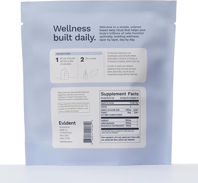 EVIDENT WELLNESS Skin Rejuvenation Powder – Collagen Supplement w/Resveratrol, Sodium Hyaluronate, CollaBZEn, Vitamins C & E – Supports Elasticity, Hydration, Firmness – 30 Stick Packs, Cherry Lime