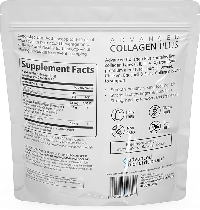 Advanced Collagen Plus Powder – 5 Types of Collagen (I, II, III, V, X) with Biotin & Chondroitin Sulfate – Supports Skin, Hair, Joints & Nails – Unflavored, Easy-Mix Formula