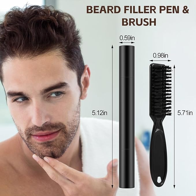 GEUUFEA Beard Pencil Filler for Men, Double Head 4 Forks Grooming Beard Pen, Fast Fill Thin Beard, Water & Sweat Resistant, Long-Lasting Black Beard Shaping Kit, Creates a Naturally Thicker Beard