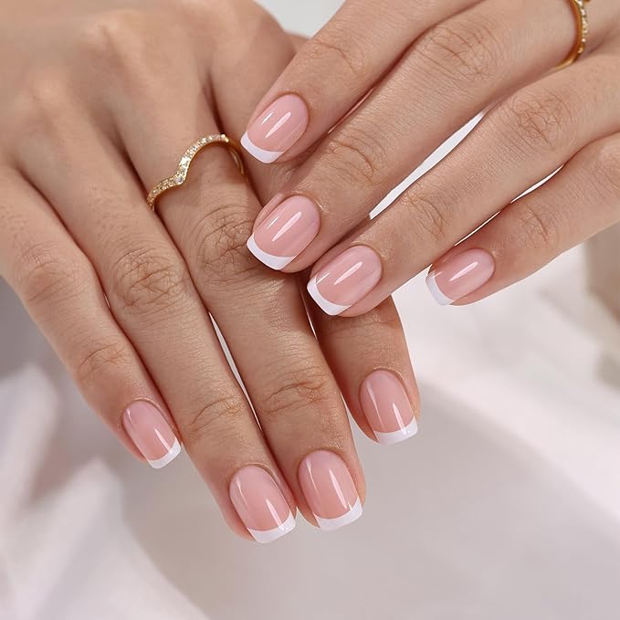 SHANGMENG White French Tip Press on Nails - Soft Gel Square Nails Short for Women Gift, Fit Perfectly & Natural Stick on Nails with Glue in 16 Sizes - 32 Reusable Fake Nails, White French