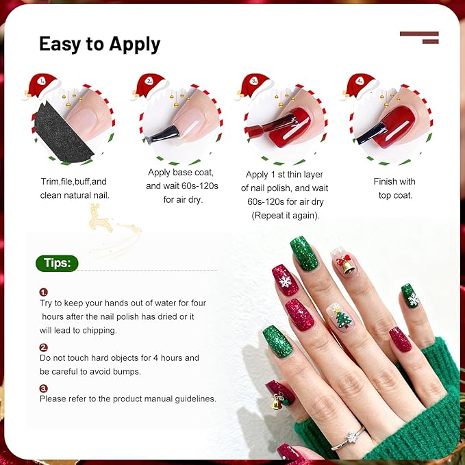 OpenLive Christmas Nail Polish Set 10 Colors and Base Coat and Top Coat Red Green Glitter Gold Silver Nail Polish Kit Quick Dry Manicure Nail Art Manicure DIY Home Salon Gift for Women Girls