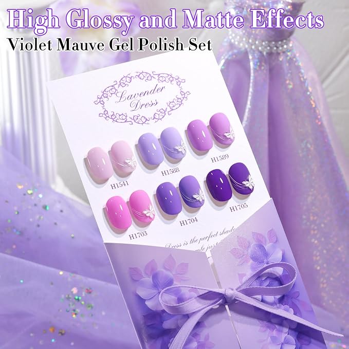 Double Rhythm 6 Pcs Hema Free Gel Polish Set 0.50 OZ Same Color Same Bottle Soak Off Neutral Natural Milky Gel Polish Kit Nail Art Salon DIY at Home (Lilac Violet Pink Purple-H6-6)