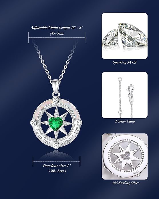 FANCIME Compass Necklace for Women Sterling Silver Compass Jewelry Opal Pendant Fine Jewelry Gemstone Birthday Christmas Gifts for Wife