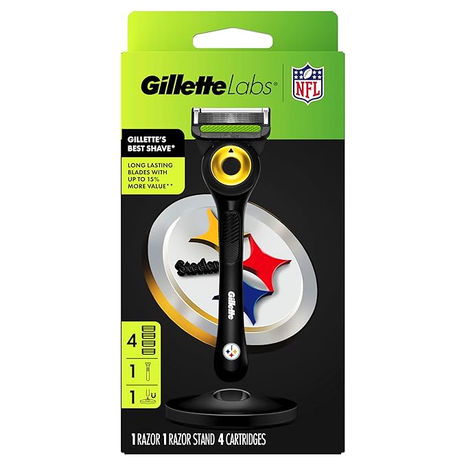Gillette Labs Special NFL Steelers Edition Shaving Razor for Men - 1 Handle, 4 Razor Blade Refills & Magnetic Stand, GilletteLabs with Exfoliating Bar