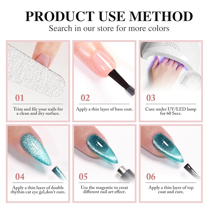 Double Rhythm 0.5 OZ Cat Eye Gel Polish with Magnet 15ML Holographic Glitter Shimmer Translucent Jelly Color Magnetic Gel Polish Salon DIY at Home (Teal-MC1027)