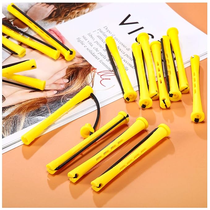 WILLBOND 60 Pcs Perm Rods for Long Hair Plastic Curl Rods Cold Wave Irons Curling Roller for Hair Styling Hairdressing Tools(0.28 Inch,Yellow)