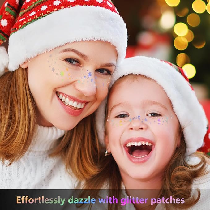 HyperFun 12Pcs Christmas Face Glitter Freckles, Glitter Freckles Face Tattoo Sticker, Holographic Multichrome Waterproof Sparkle Freckles Makeup Patches for Women Rave Festival Accessories Party Prom